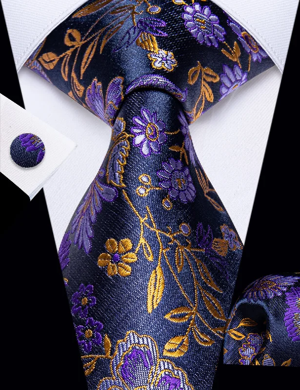 Men's tie with classic solid design-YourTies Purple Golden Floral Mens Necktie Pocket Square Cufflinks Set