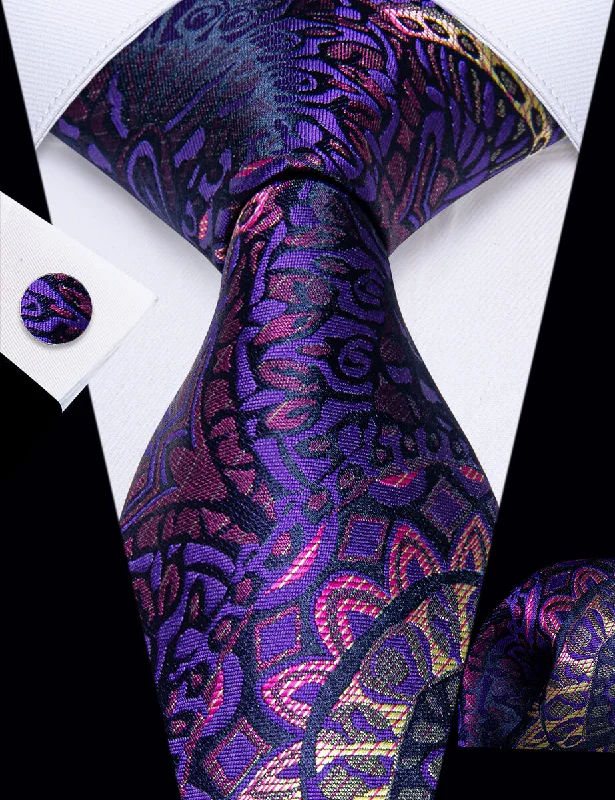 Men's tie with fine knit texture for work-YourTies Purple Tie Paisley Men's Necktie Pocket Square Cufflinks Set