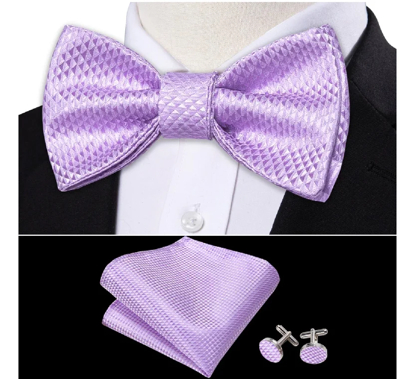 Stylish tie for young professionals-Purple Plaid Silk Self Tie Bow Tie Hanky Cufflinks Set-LH-0990