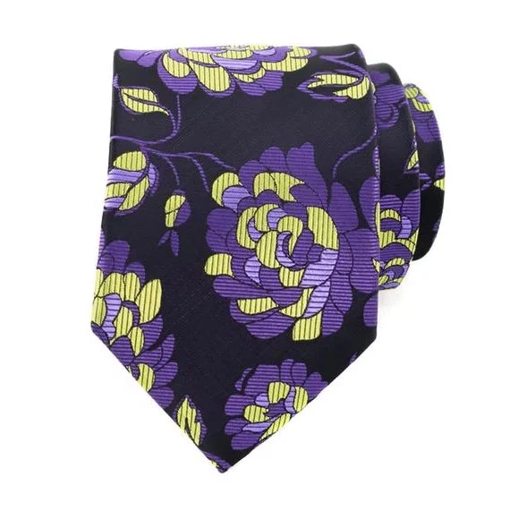 Men's silk tie with smooth texture-Classy Men Purple Yellow Floral Silk Tie