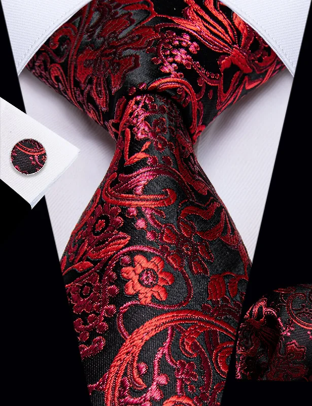 Men's tie for a formal business dinner-YourTies Red Black Floral Men's Necktie Pocket Square Cufflinks Set