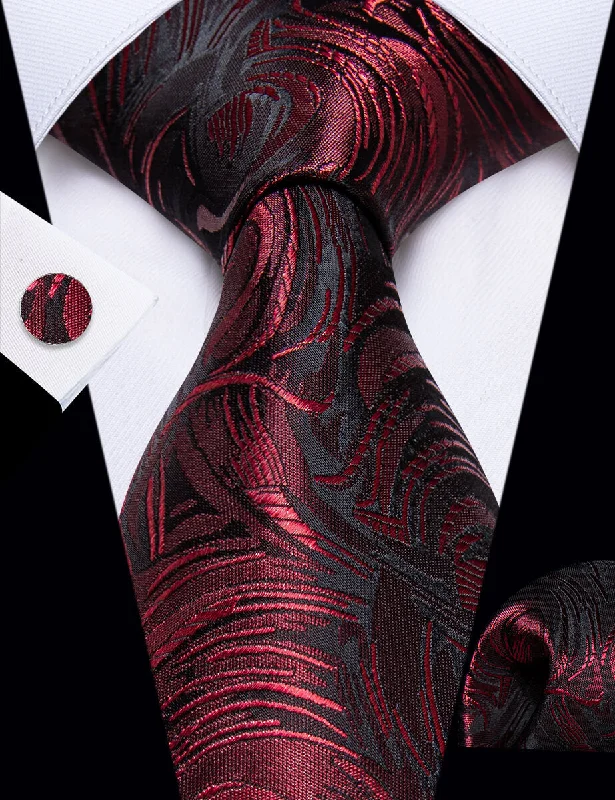 Classic black silk tie for formal events-YourTies Red Black Novelty Men's Necktie Pocket Square Cufflinks Set