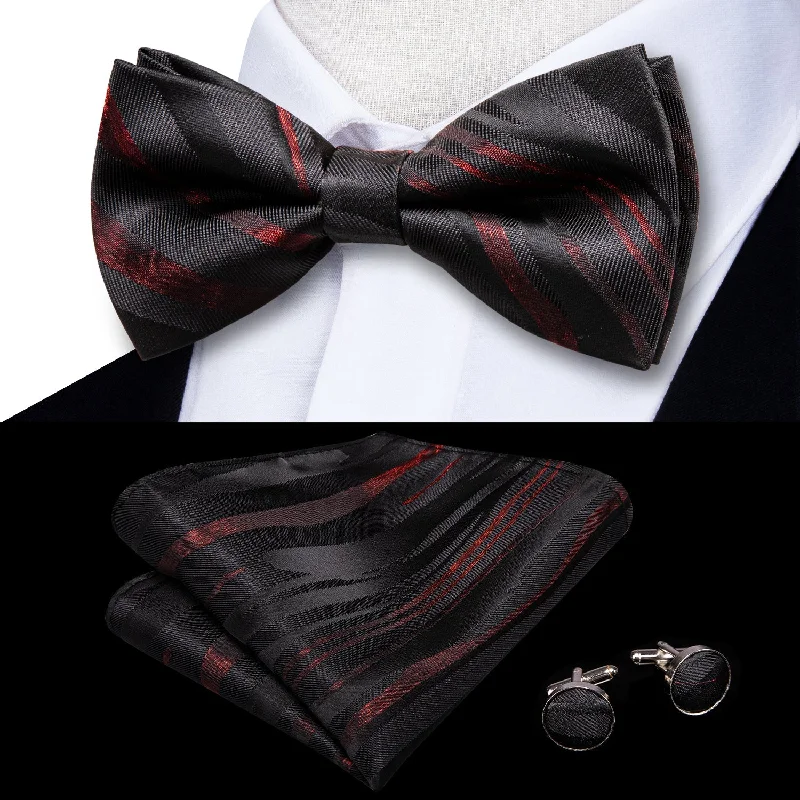 Unique men's tie with creative patterns-RED BLACK PAISLEY SELF-BOWTIE POCKET SQUARE CUFFLINKS SET-LH-0565