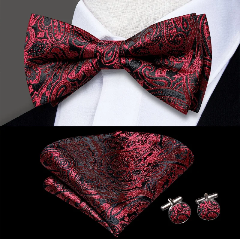 Men's tie for smart office look-Red Black Paisley Silk Bow Tie Hanky Cufflinks Set-LH-0574