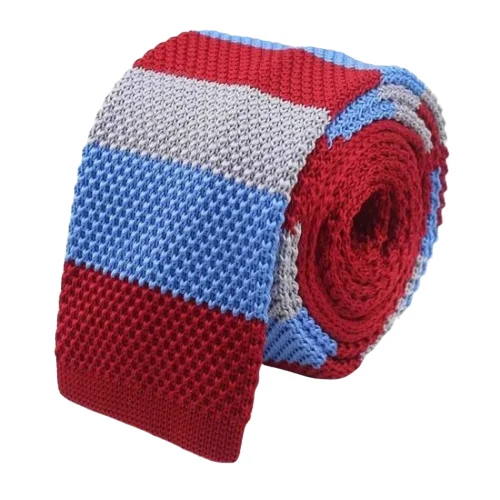 Men's tie with intricate embroidered design-Classy Men Red Blue Grey Square Knit Tie