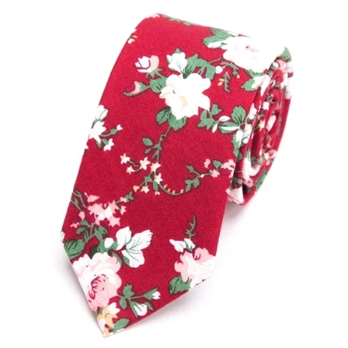 Men's tie with thick stripes-Classy Men Red Floral Skinny Cotton Tie