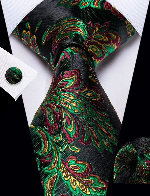 Men's red silk tie-YourTies Green Floral Leaf Men's Necktie Pocket Square Cufflinks Set