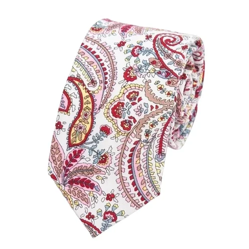 Men's tie with a subtle floral print-Classy Men Red Paisley Floral Skinny Cotton Tie