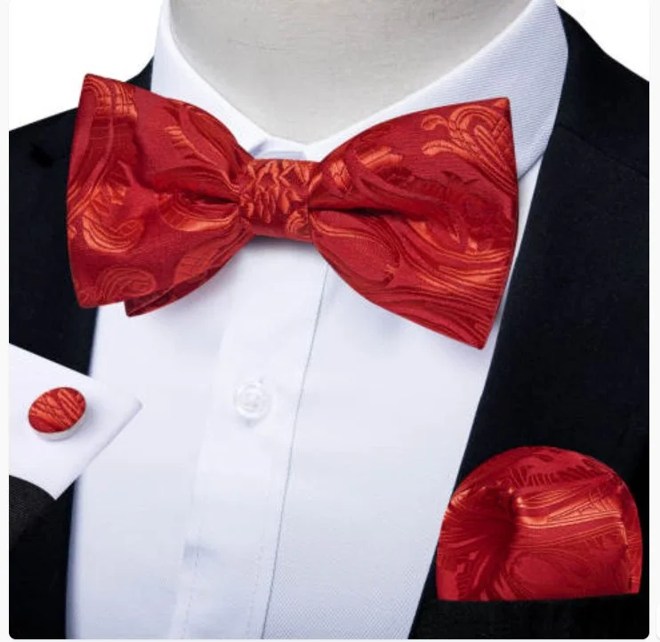 Men's tie for outdoor parties-Red Paisley Pre-tied Bow Tie Hanky Cufflinks Set-LH-0170