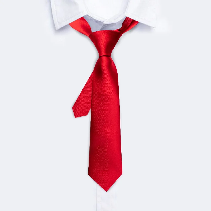 Men's tie with subtle herringbone design-Barry Wang Children Necktie Red Solid Tie Pocket Square Set For Kids