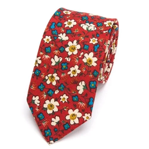 Men's silk tie with abstract design-Classy Men Red White Blue Floral Skinny Cotton Tie