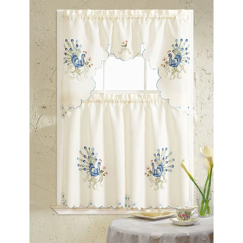 Men's tie with a subtle floral print-RT Designers Collection Peacock Embroidered Tiers and Valance Kitchen Curtain Set