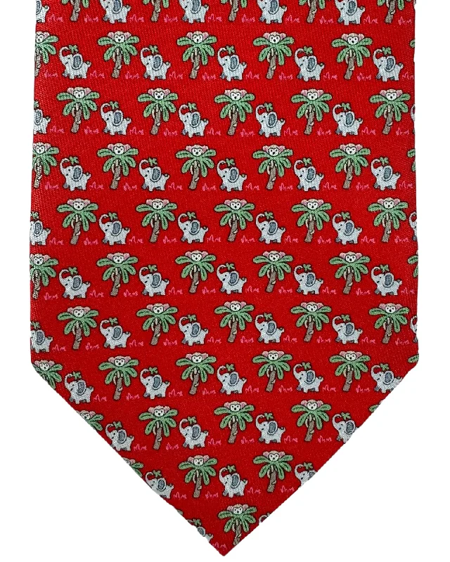 Custom silk tie for men-Salvatore Ferragamo Tie Red Jungle Design - Elephants & Monkey