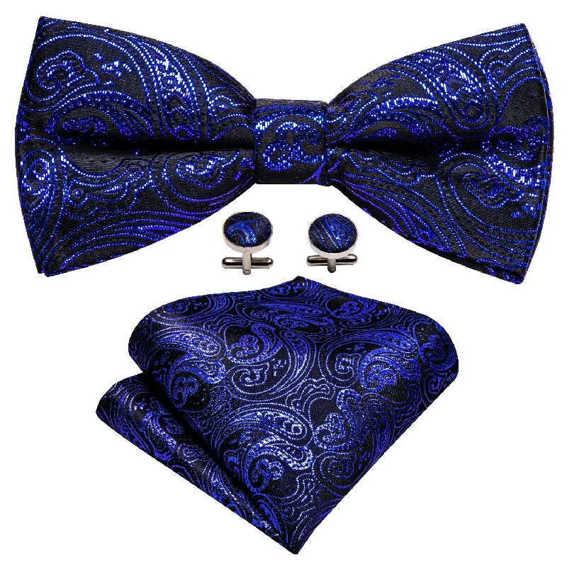 Men's tie with warm color tones for fall-Barry Wang Men Royal Blue Paisley Pre-tied Bow Tie Hanky Cufflinks Set