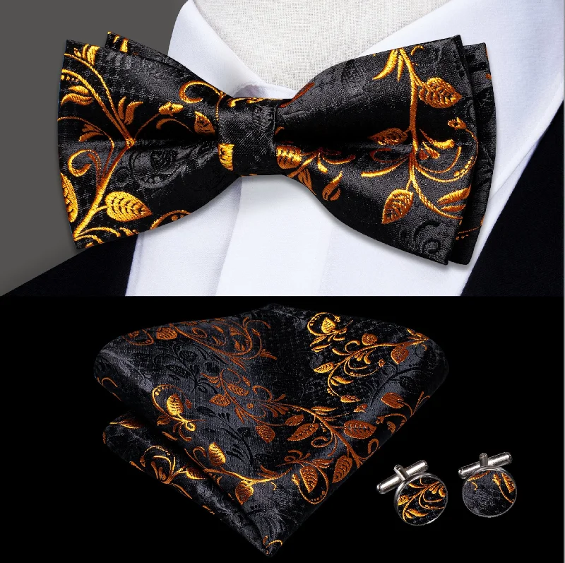 Men's tie for a cocktail party-Black Gold Floral Silk Bowtie Pocket Square Cufflinks Set- LH-0573