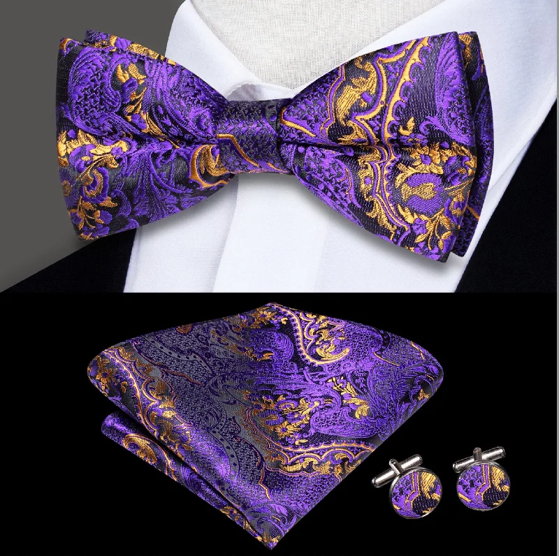 Men's slim fit tie for office wear-Purple Gold Silk Bowtie Pocket Square Cufflinks Set- LH-0584