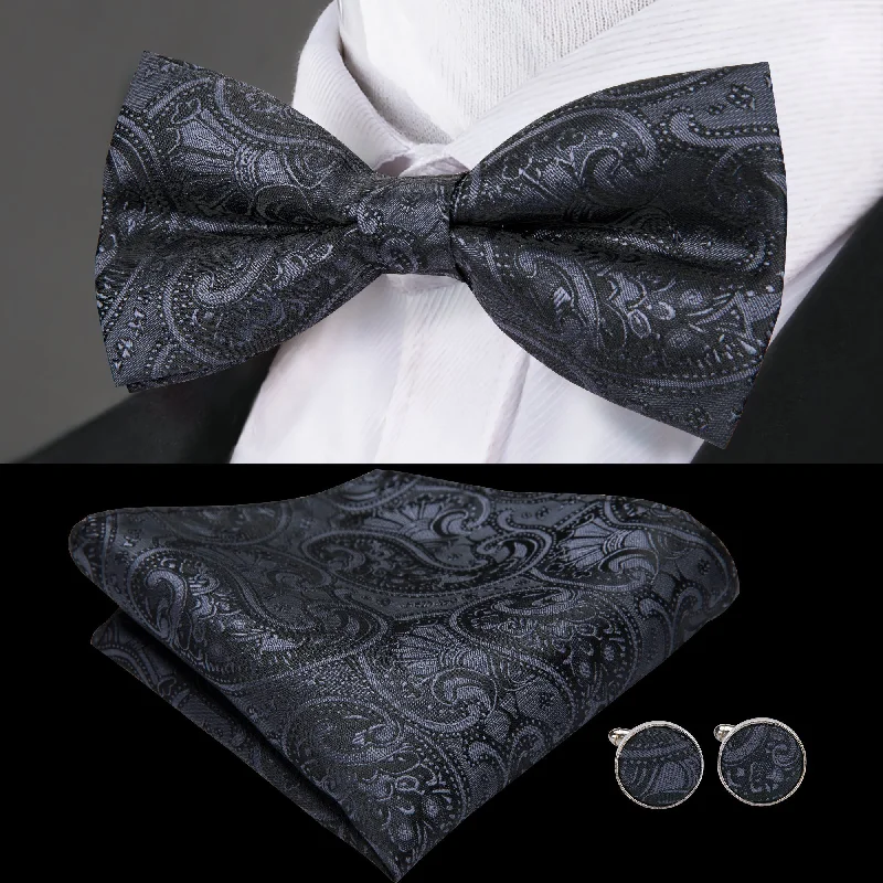 Best silk tie for office professionals-Black Paisley Silk Bow Tie Pocket Square Cufflinks Set-LH-0718