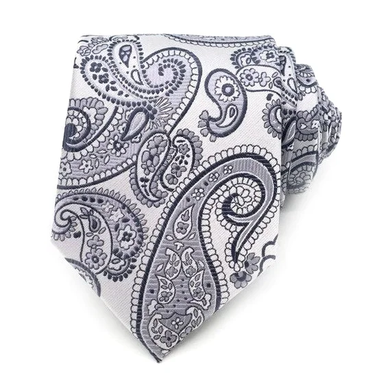 Men's tie for spring wedding attire-Classy Men Silver Grey Paisley Silk Tie