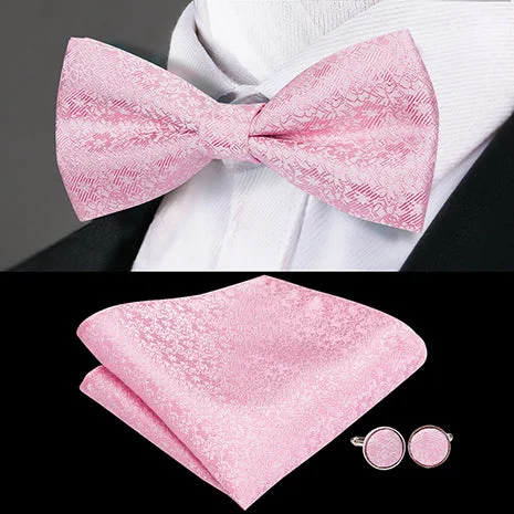 Men's tie for high-end business events-Silver Pink Floral Pre-tied Bow Tie Pocket Square Cufflinks Set