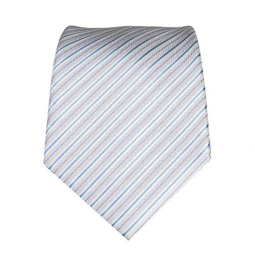 Best men's tie for dinner parties-Classy Men Silver White Blue Striped Silk Tie