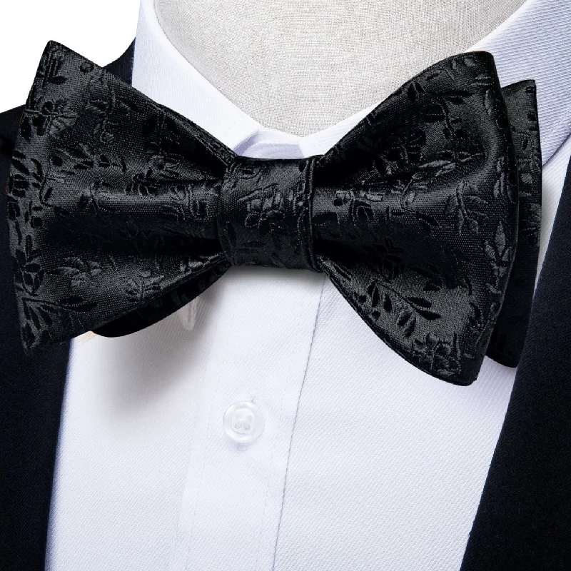 Men's tie with a luxurious smooth feel-Solid Black Floral Bow Tie Pocket Square Cufflinks Set