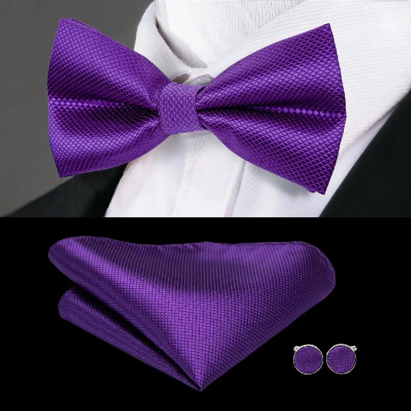 Classic men's silk tie with subtle design-Solid Purple Pre-tied Bow Tie Pocket Square Cufflinks Set