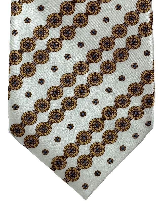 Men's tie with subtle geometric pattern-Stefano Ricci Tie White Silver Orange Mini Floral Stripes Design