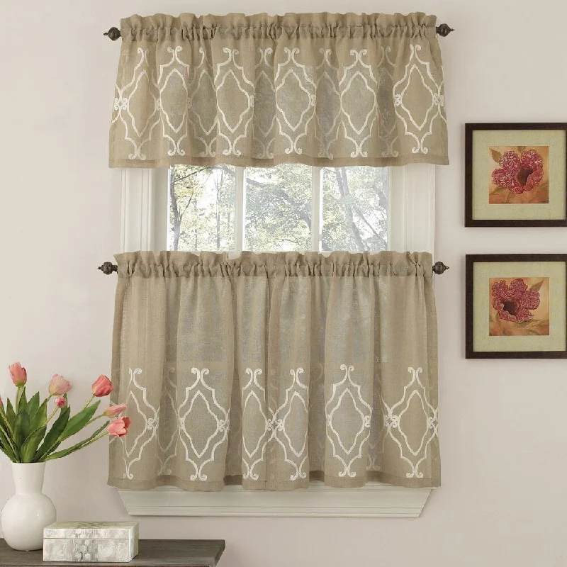 Stylish tie with vibrant colors for weddings-Sweet Home Collection Brown and White Semi-opaque Geometric Tier and Valance Window Curtain Pieces