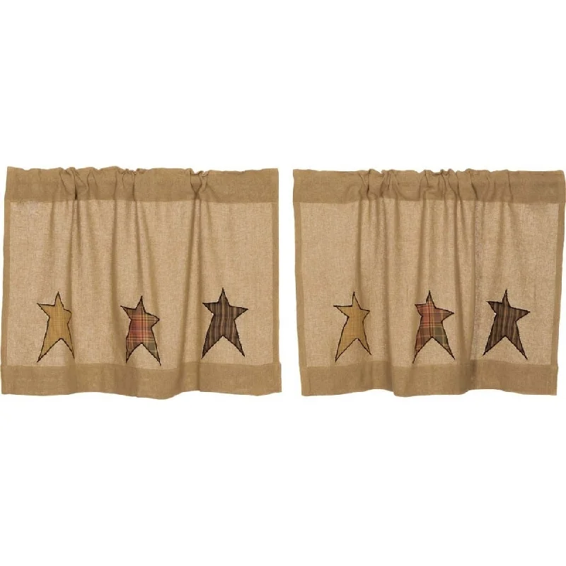 Men's tie for a formal lunch event-Tan Primitive Kitchen Curtains VHC Stratton Burlap Star Tier Pair Rod Pocket Cotton Star Appliqued Cotton Burlap