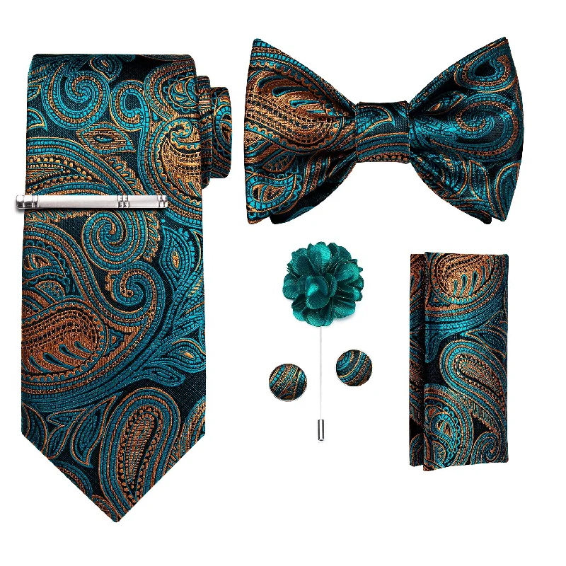 Luxury silk tie for corporate professionals-Teal Orange Paisley  Bowtie Necktie  Hanky Cufflinks Brooch Clip Set