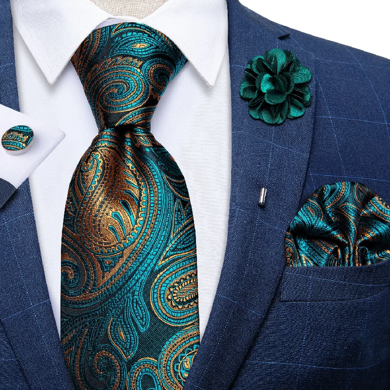 Best tie for a business lunch-Teal Orange Paisley Tie Men's Silk Necktie Handkerchief Cufflinks Set With Lapel Pin Brooch Set