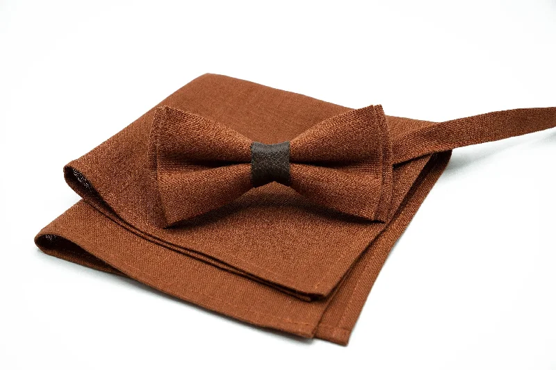 Best silk tie for spring and summer events-Terracotta Bow Tie & Pocket Square Set, Linen Bow Tie - Groomsmen, Wedding Bow Ties, Men's Necktie, Suspenders, Handkerchief, Noeud Papillon