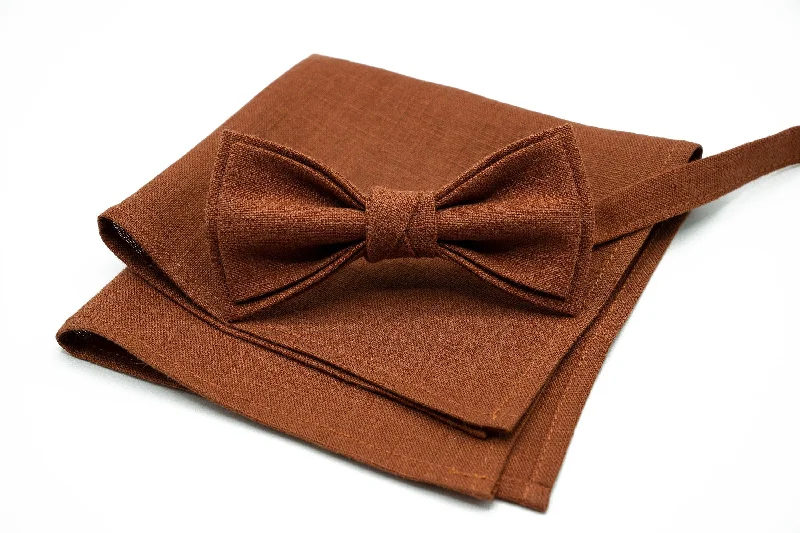 Men's tie for a formal lunch event-Terracotta Linen Bow Tie - Handcrafted for Men & Boys - Ideal Groomsmen's Gift