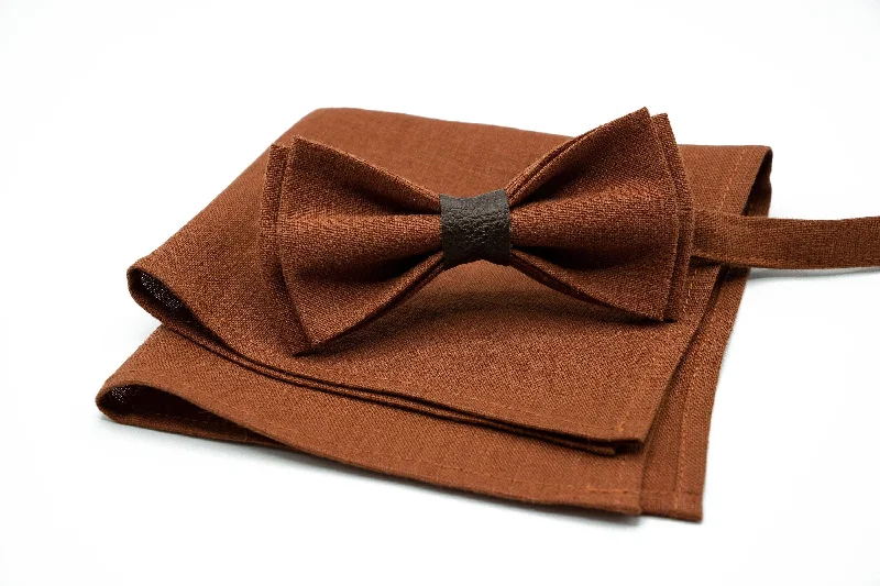 Classic black silk tie for formal events-Terracotta Linen Bow Tie and Pocket Square Set - Handmade Accessories for Boys and Men - Perfect for Weddings, Formal Events