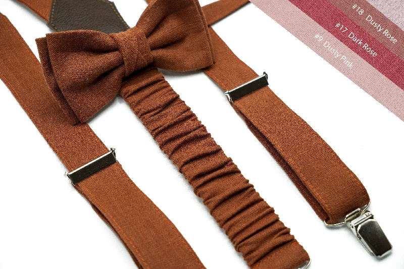 Men's patterned tie with vintage style-Terracotta Linen Bow Tie & Suspenders Set - Elegant Wedding Accessories for Groom, Groomsmen, and Father of the Bride