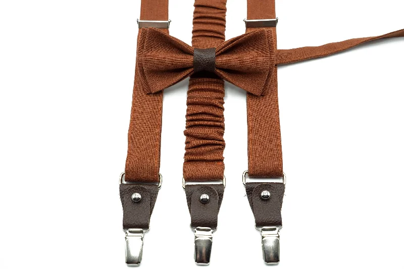 Classic men's tie for upscale dinner parties-Terracotta Linen Bow Tie & Suspenders | Groom