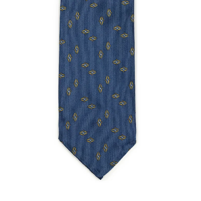 Elegant men's tie with textured fabric-Blue silk twill tie, gold and white Deco jacquard motifs