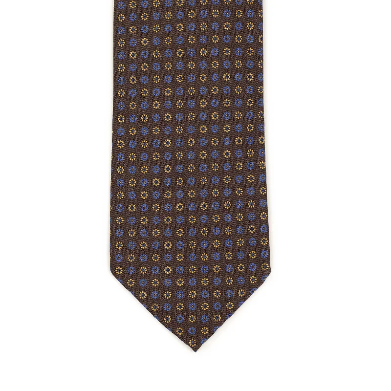 Trendy men's tie for weddings-Brown silk tie, blue and gold neat print