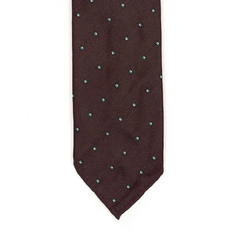 Classic silk tie for men-Dark burgundy subtle herringbone silk tie, teal and white jacquard square dots