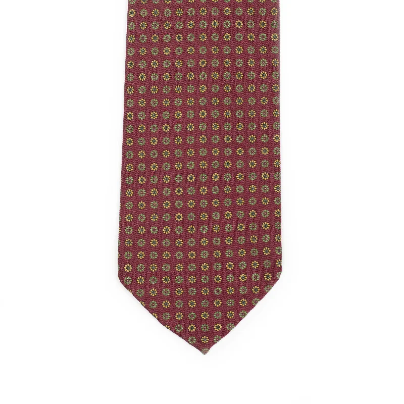 Custom silk tie for men-Maroon silk tie, green and orange neat print