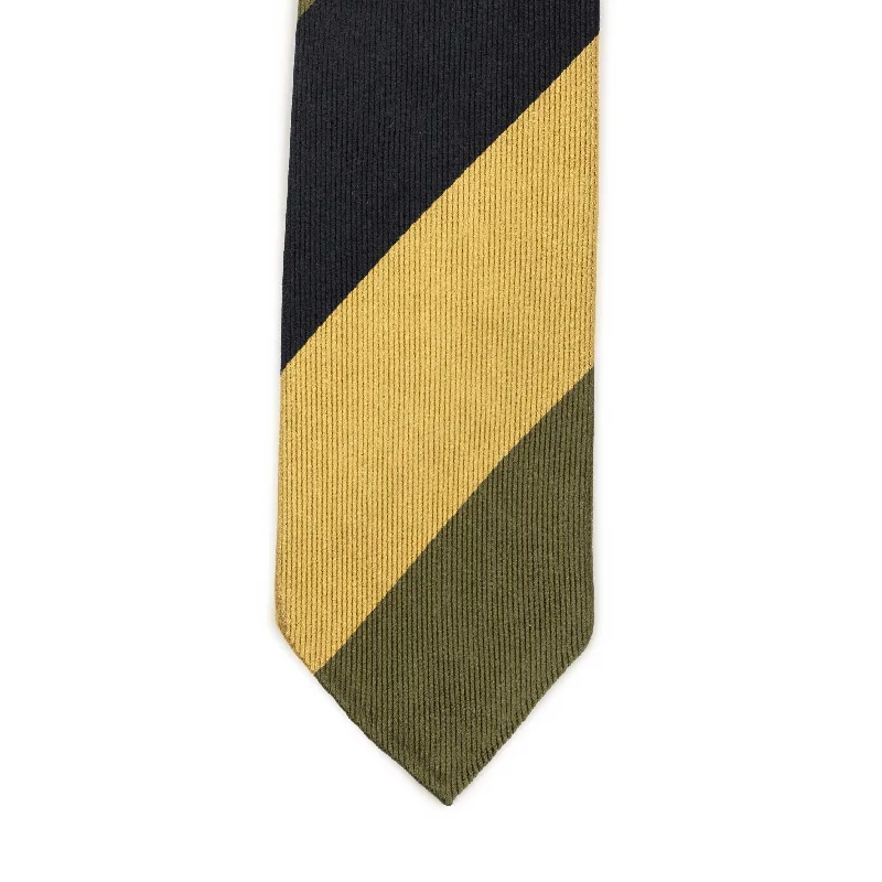 Men's tie with subtle geometric pattern-Olive, navy and gold block stripe silk twill tie