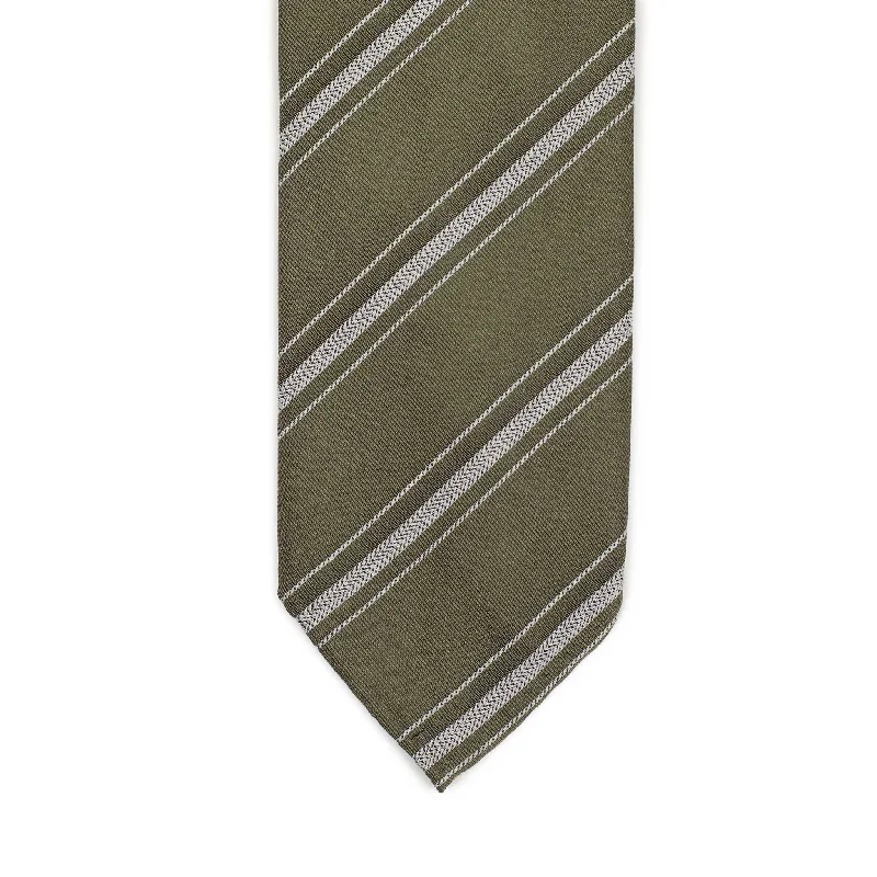 Men's tie for a smart casual look-Vert-de-gris silk and cotton twill tie, silver jacquard stripes