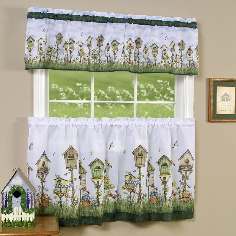 Men's tie with vintage pattern-Traditional Two-piece Tailored Tier and Valance Window Curtains Set with Whimsical Birdhouse Print - 36 inch - 36 inch