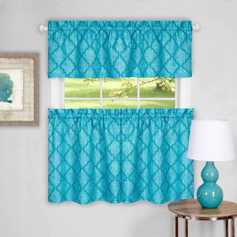 Men's tie for winter office wear-Trellis Pattern Tier and Valance Curtain Set- 36" Turquoise - 36 inch - 36 inch