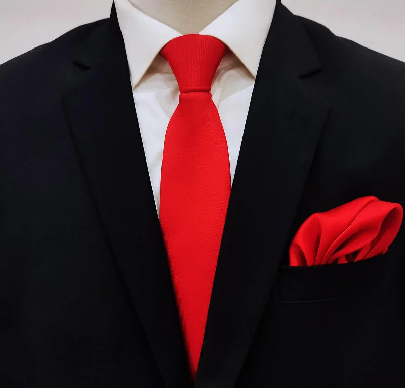 Men's silk tie for upscale dinners-Valentine red tie and Pocket Square set