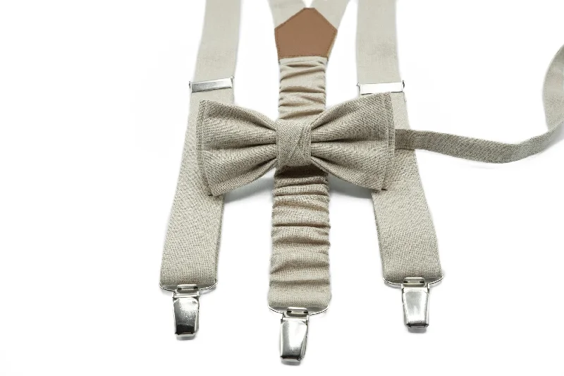 Best men's tie for holiday season events-Versatile Beige Linen Suspender & Bow Tie Set | Available in Multiple Sizes and Colors