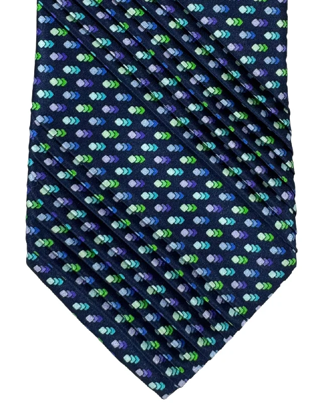 Classic navy men's tie-Vitaliano Pancaldi PLEATED SILK Tie Midnight Blue Purple Lime Micro Pattern