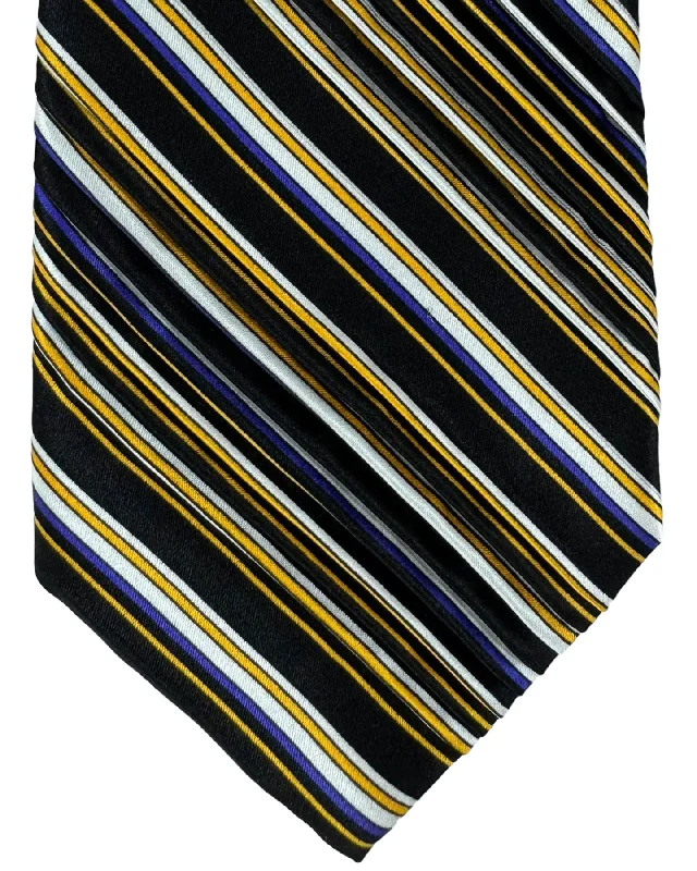 Elegant silk tie for business professionals-Vitaliano Pancaldi Pleated Silk Tie Black Purple Orange Stripes