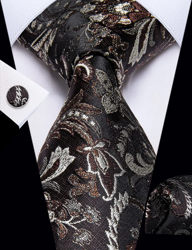 Men's tie with a contrasting edge-YourTies Black Brown Floral Men's Necktie Pocket Square Cufflinks Set