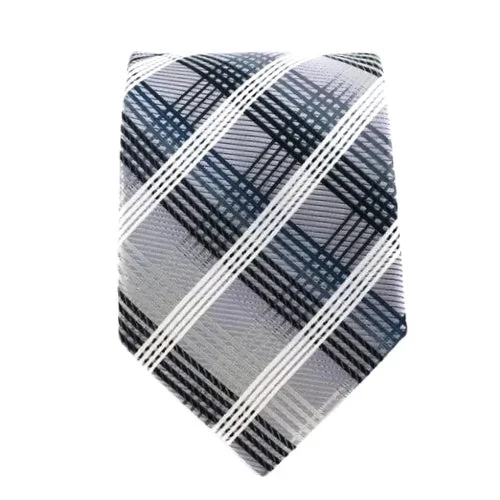 Designer men's tie with polka dots-Classy Men White Black Tartan Silk Tie